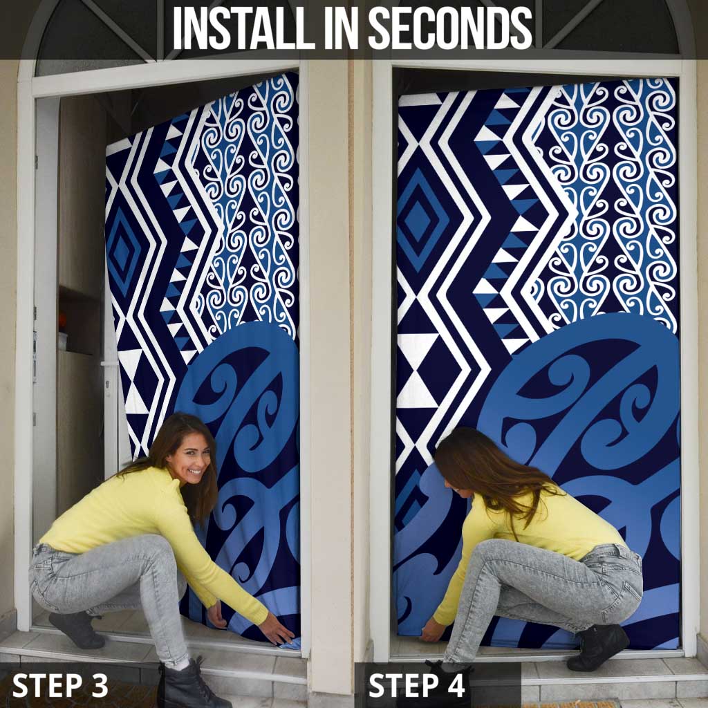 New Zealand Door Cover Aotearoa Kowhaiwhai Mix Taniko Art - Blue - Polynesian Pride