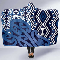 New Zealand Hooded Blanket Aotearoa Kowhaiwhai Mix Taniko Art - Blue LT14 One Size Blue - Polynesian Pride