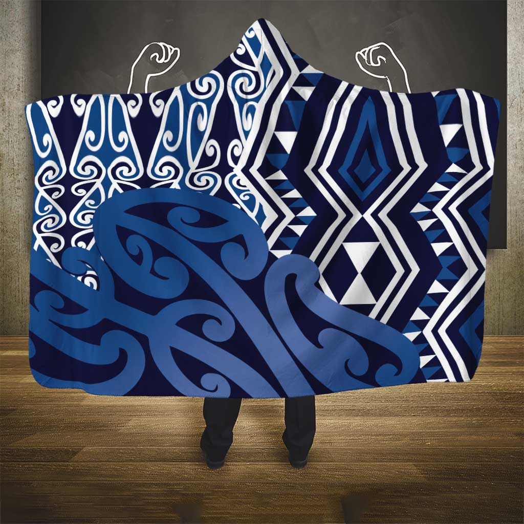 New Zealand Hooded Blanket Aotearoa Kowhaiwhai Mix Taniko Art - Blue LT14 - Polynesian Pride