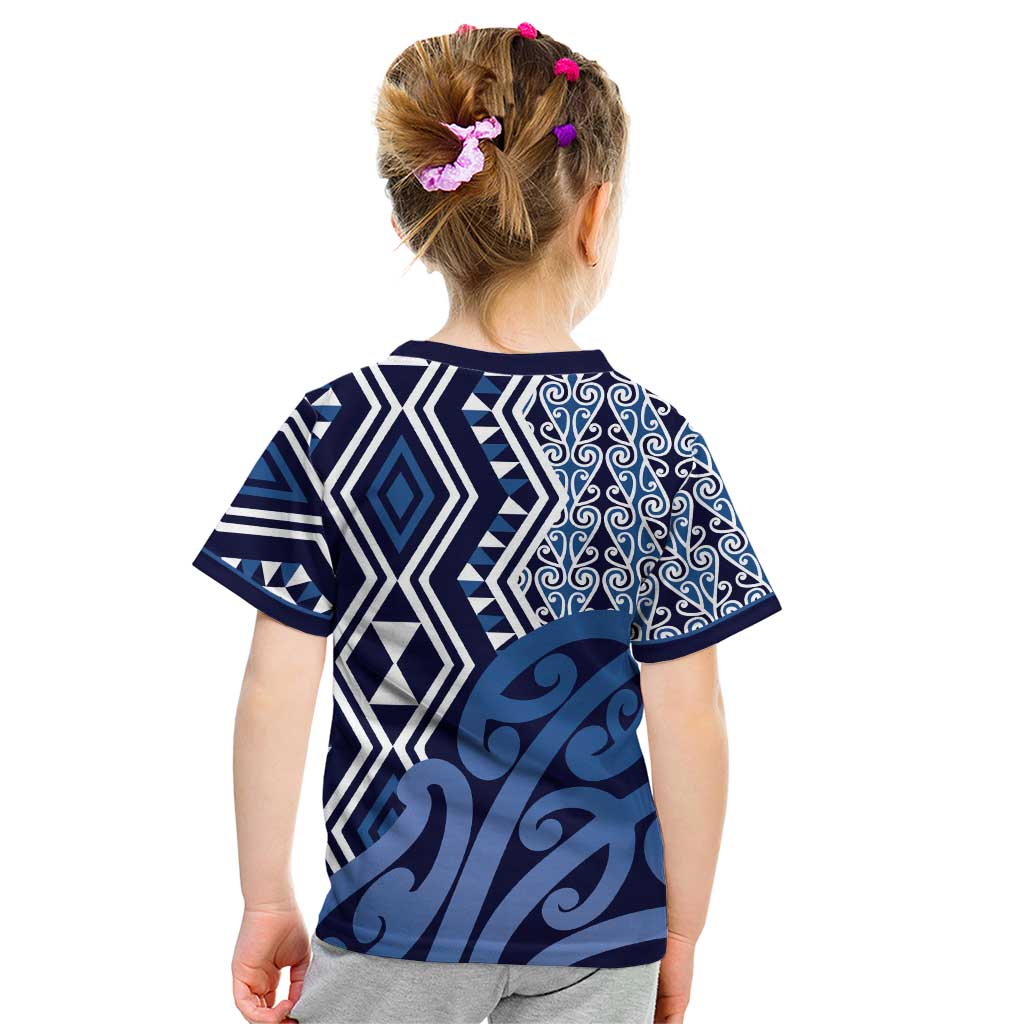 New Zealand Kid T Shirt Aotearoa Kowhaiwhai Mix Taniko Art - Blue