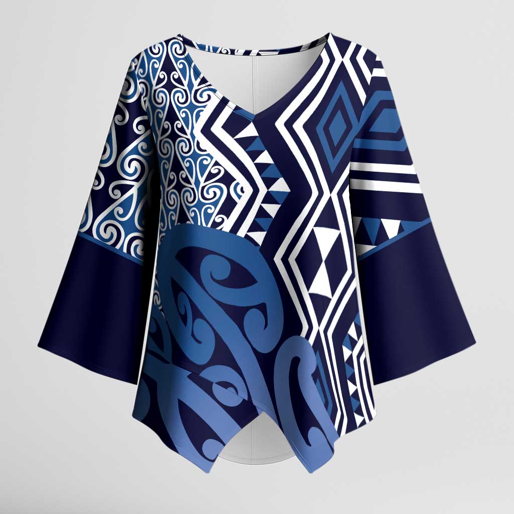 New Zealand Kimono Sleeve Blouse Aotearoa Kowhaiwhai Mix Taniko Art - Blue - Polynesian Pride