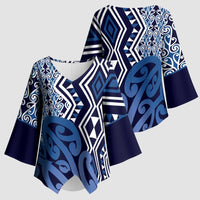 New Zealand Kimono Sleeve Blouse Aotearoa Kowhaiwhai Mix Taniko Art - Blue - Polynesian Pride