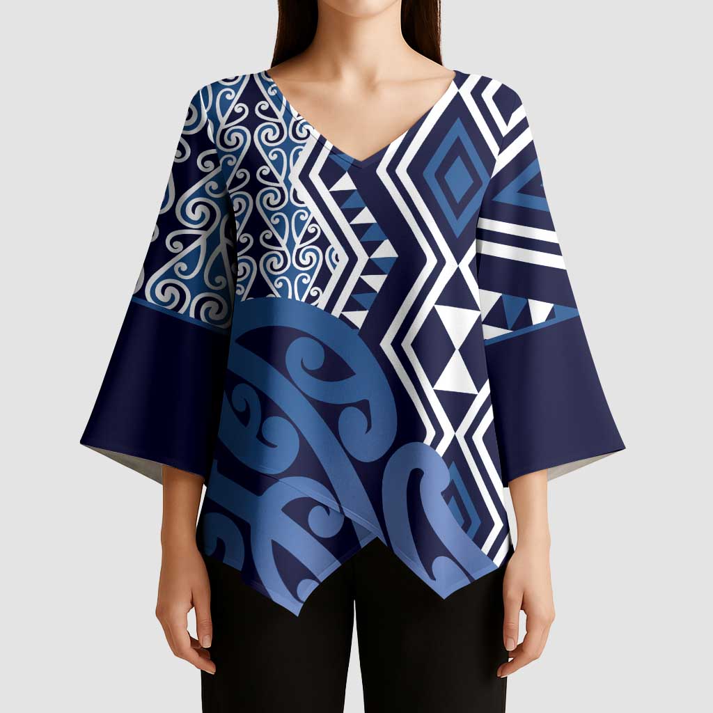 New Zealand Kimono Sleeve Blouse Aotearoa Kowhaiwhai Mix Taniko Art - Blue - Polynesian Pride