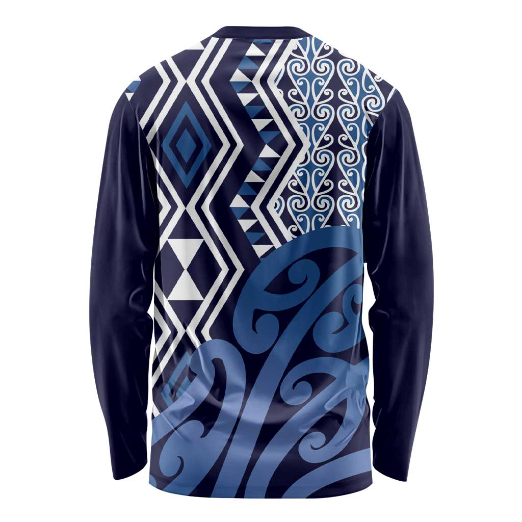 New Zealand Long Sleeve Shirt Aotearoa Kowhaiwhai Mix Taniko Art - Blue