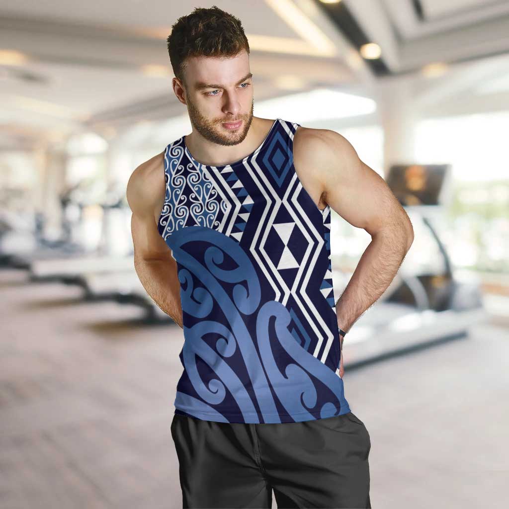 New Zealand Men Tank Top Aotearoa Kowhaiwhai Mix Taniko Art - Blue LT14 Blue - Polynesian Pride