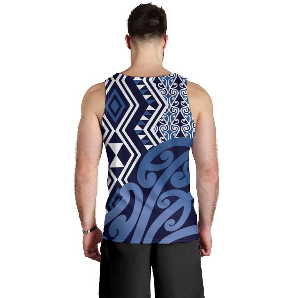 New Zealand Men Tank Top Aotearoa Kowhaiwhai Mix Taniko Art - Blue LT14 - Polynesian Pride
