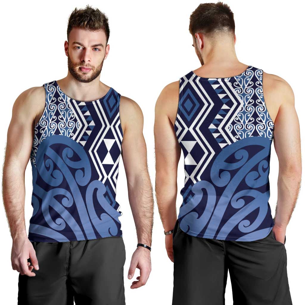 New Zealand Men Tank Top Aotearoa Kowhaiwhai Mix Taniko Art - Blue LT14 - Polynesian Pride