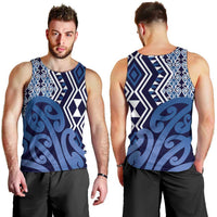 New Zealand Men Tank Top Aotearoa Kowhaiwhai Mix Taniko Art - Blue LT14 - Polynesian Pride