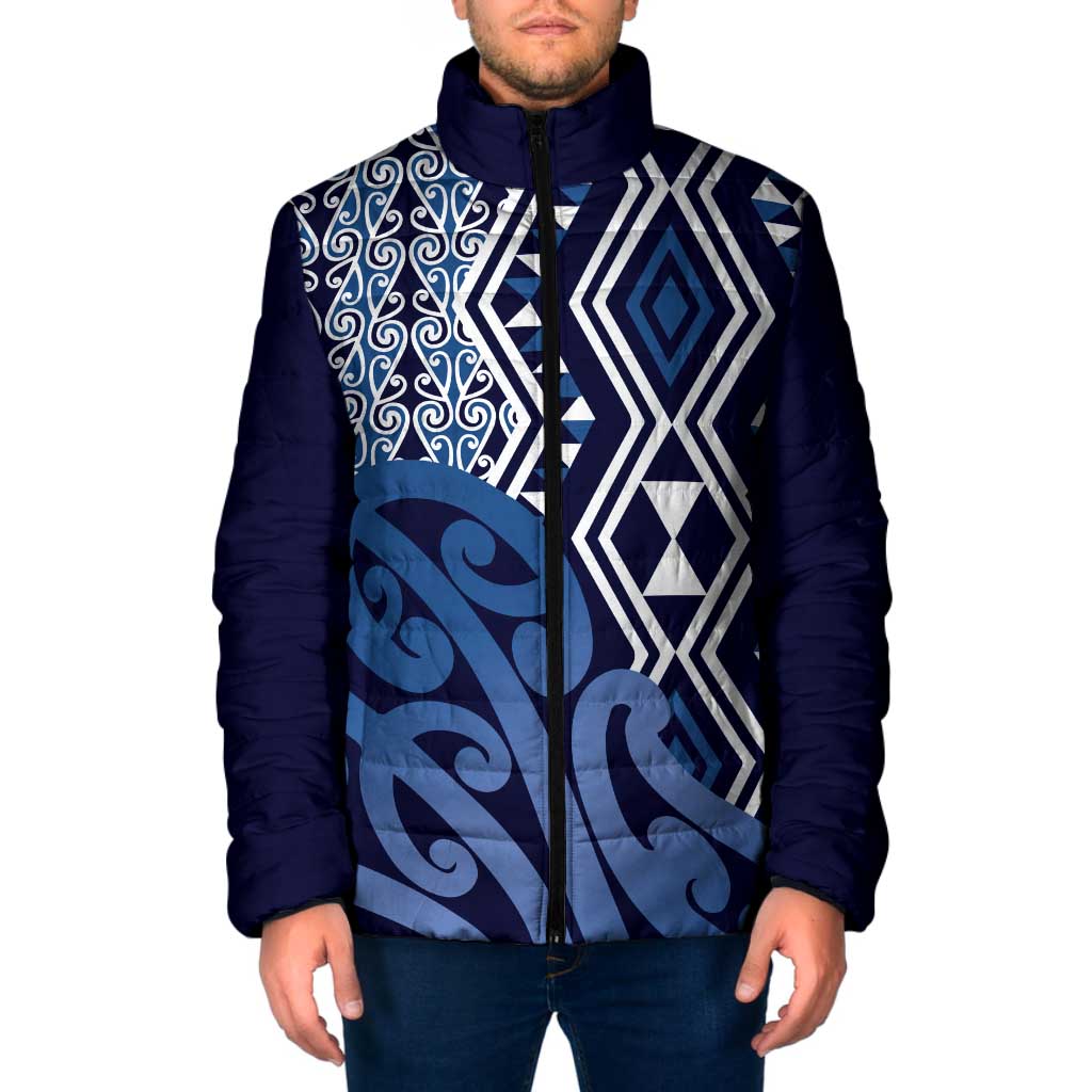 New Zealand Padded Jacket Aotearoa Kowhaiwhai Mix Taniko Art - Blue - Polynesian Pride