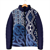 New Zealand Padded Jacket Aotearoa Kowhaiwhai Mix Taniko Art - Blue - Polynesian Pride