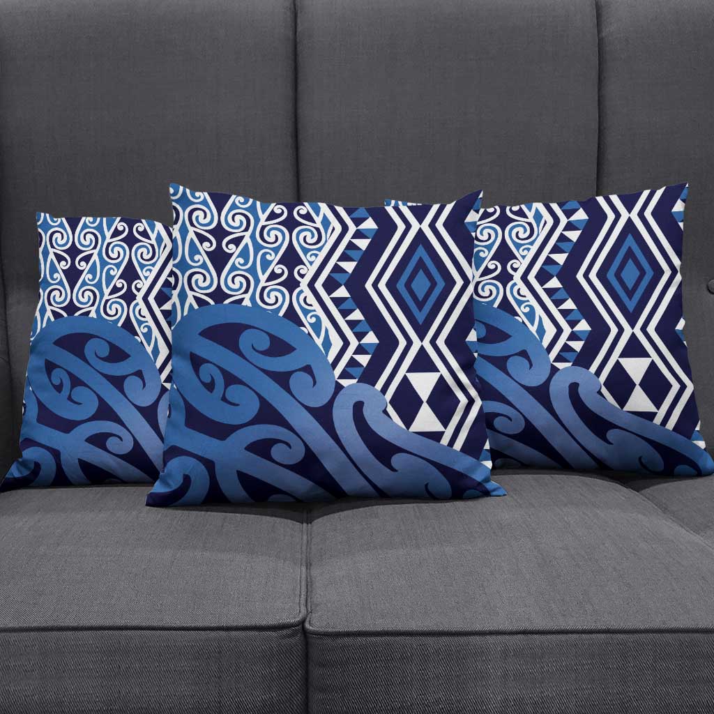 New Zealand Pillow Cover Aotearoa Kowhaiwhai Mix Taniko Art - Blue - Polynesian Pride