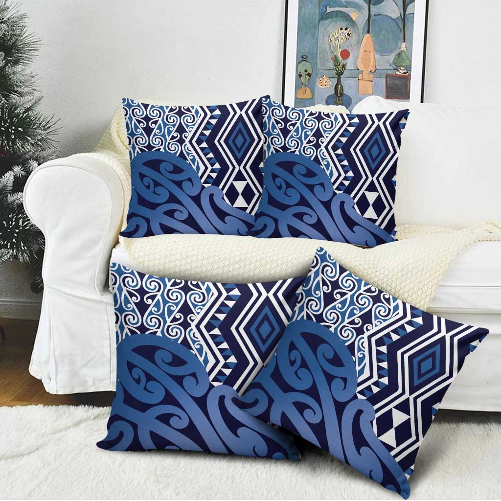 New Zealand Pillow Cover Aotearoa Kowhaiwhai Mix Taniko Art - Blue - Polynesian Pride
