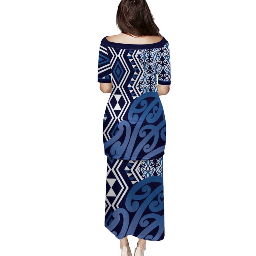 New Zealand Puletasi Aotearoa Kowhaiwhai Mix Taniko Art - Blue