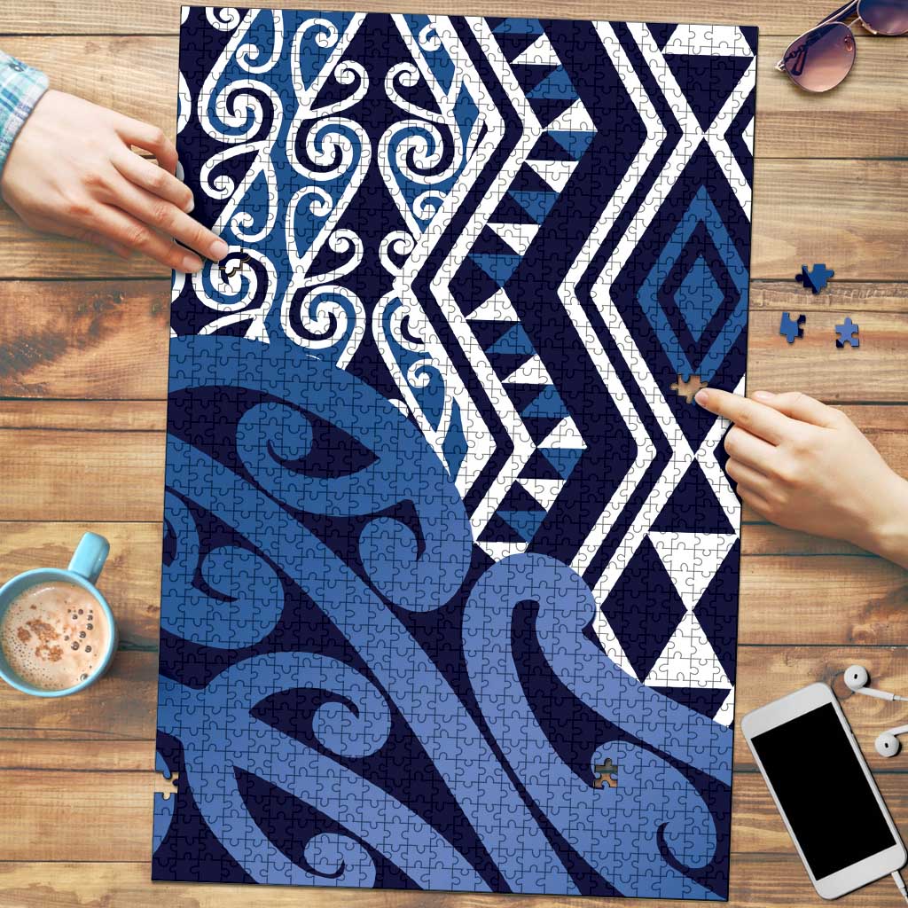 New Zealand Puzzle Aotearoa Kowhaiwhai Mix Taniko Art - Blue - Polynesian Pride