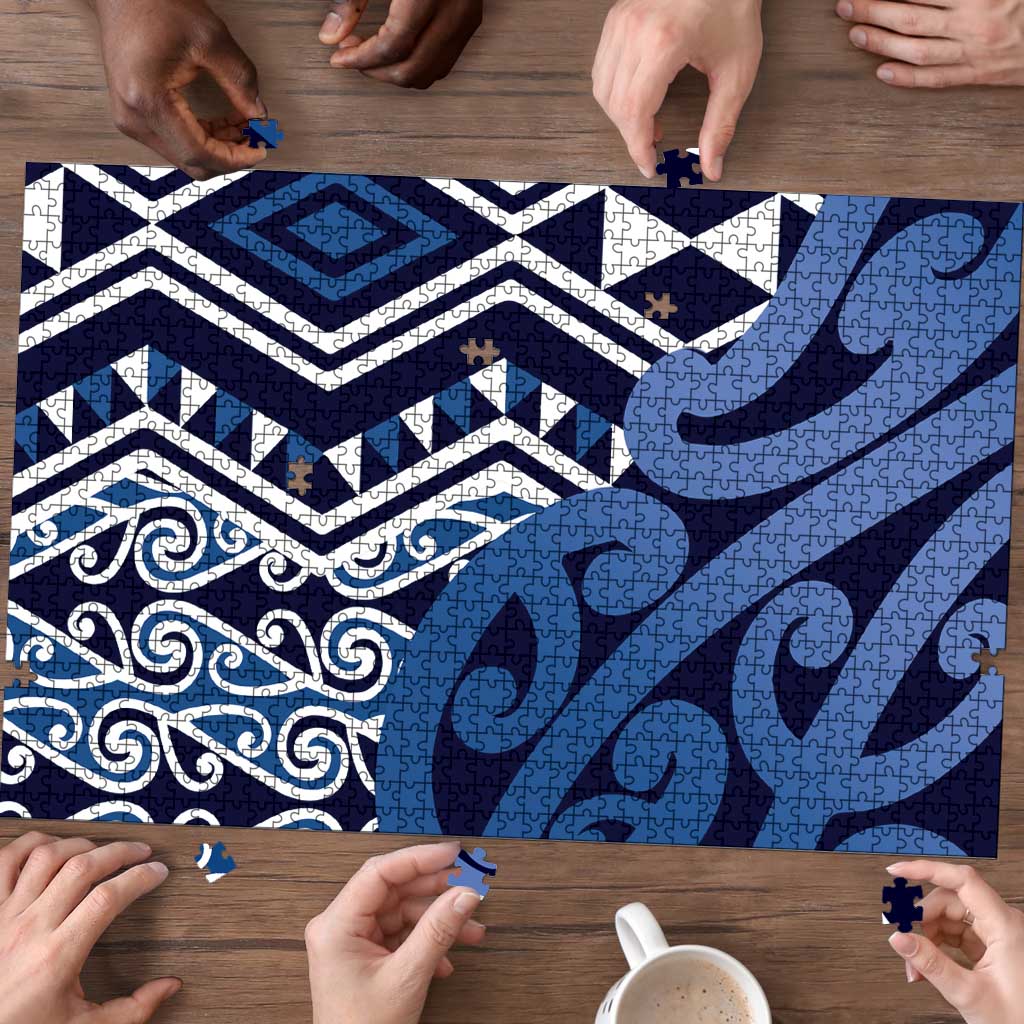 New Zealand Puzzle Aotearoa Kowhaiwhai Mix Taniko Art - Blue - Polynesian Pride