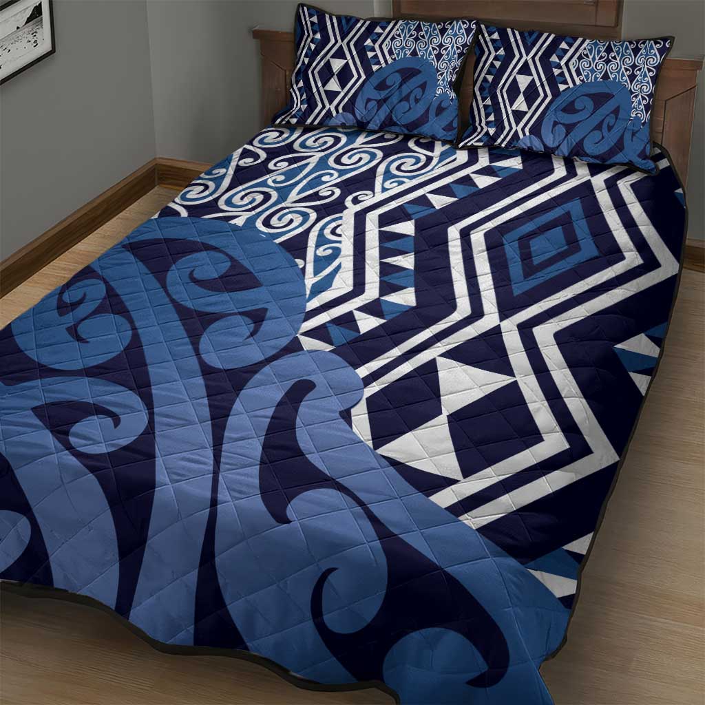 New Zealand Quilt Bed Set Aotearoa Kowhaiwhai Mix Taniko Art - Blue
