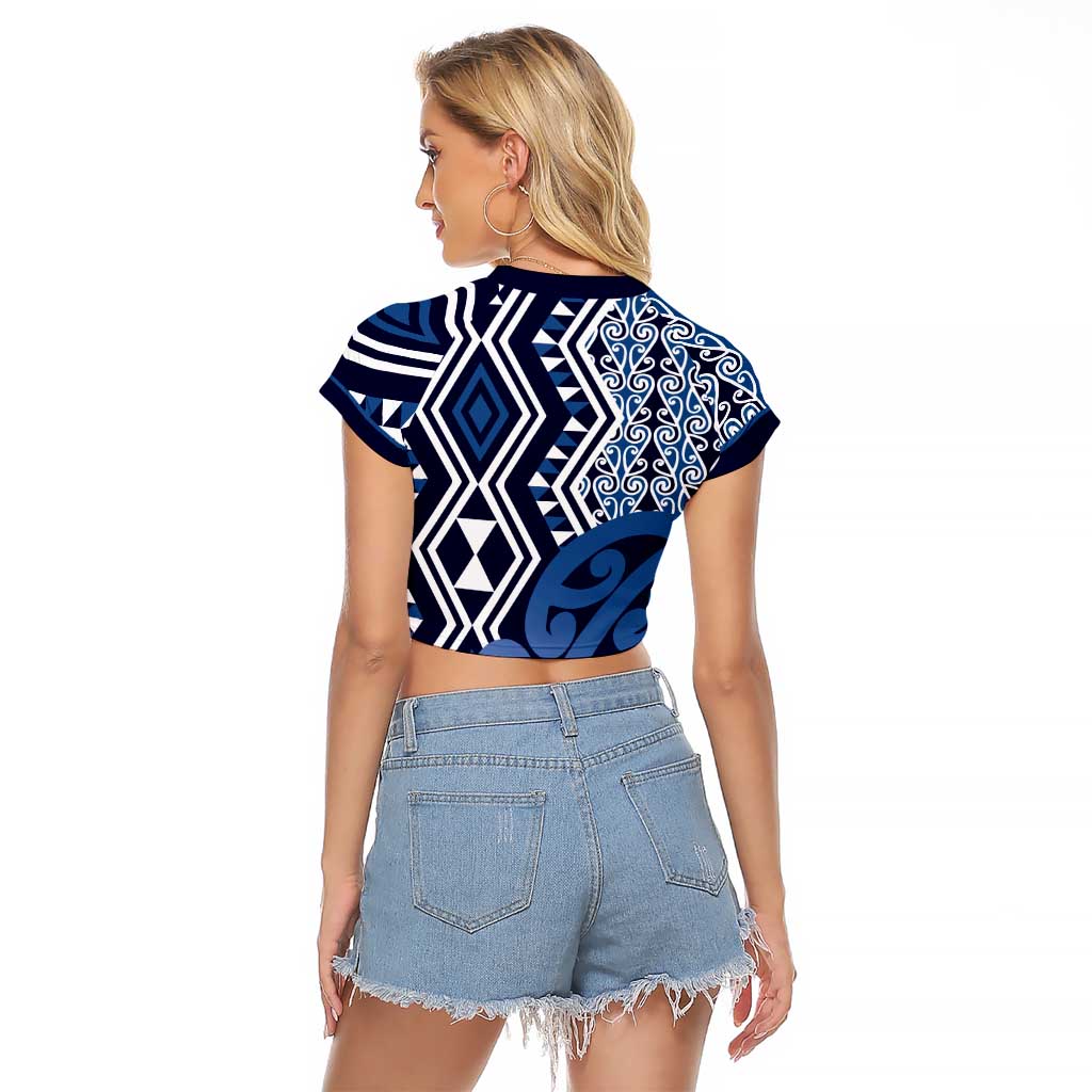 New Zealand Raglan Cropped T Shirt Aotearoa Kowhaiwhai Mix Taniko Art - Blue