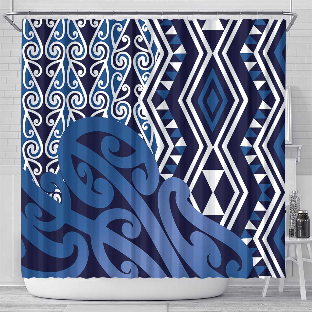New Zealand Shower Curtain Aotearoa Kowhaiwhai Mix Taniko Art - Blue