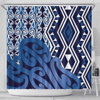 New Zealand Shower Curtain Aotearoa Kowhaiwhai Mix Taniko Art - Blue