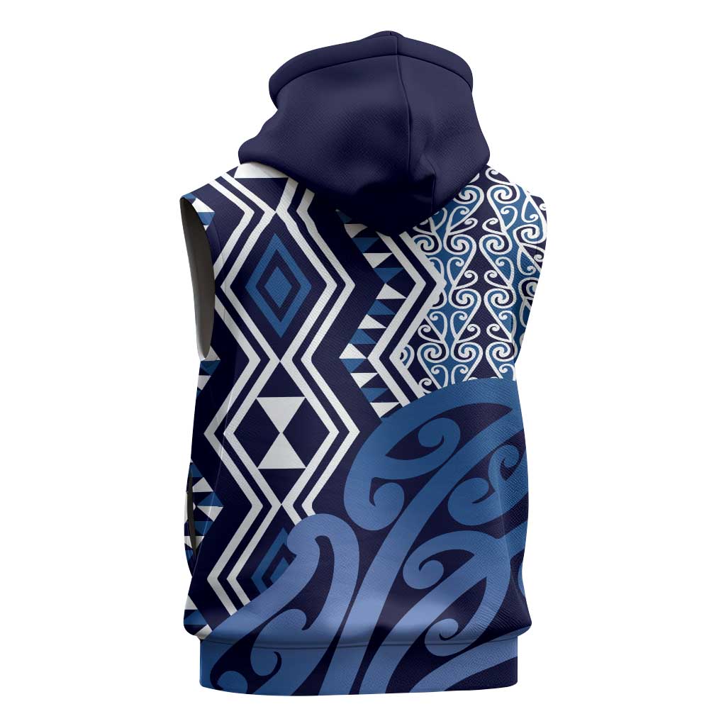 New Zealand Sleeveless Zip Hoodie Aotearoa Kowhaiwhai Mix Taniko Art - Blue - Polynesian Pride