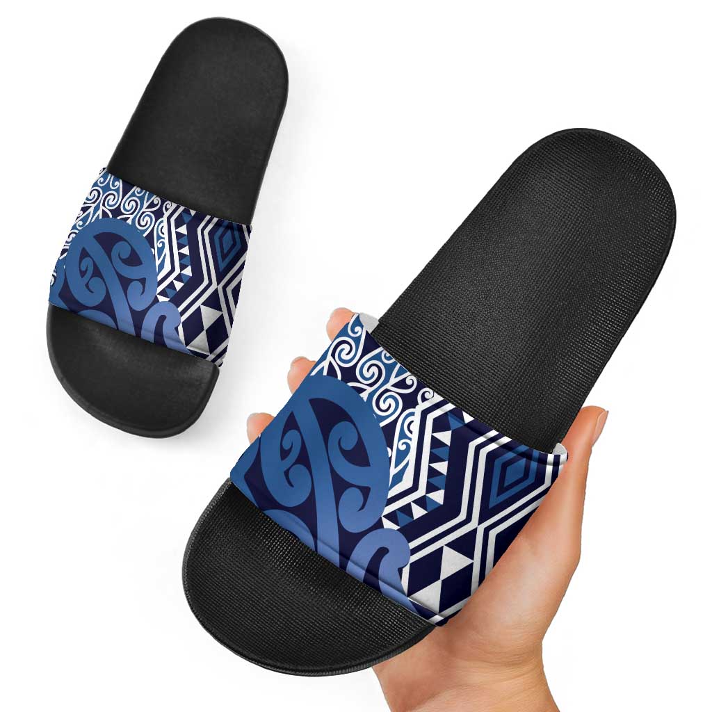 New Zealand Slide Sandals Aotearoa Kowhaiwhai Mix Taniko Art - Blue - Polynesian Pride