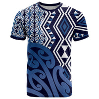 New Zealand T Shirt Aotearoa Kowhaiwhai Mix Taniko Art - Blue LT14 Blue - Polynesian Pride
