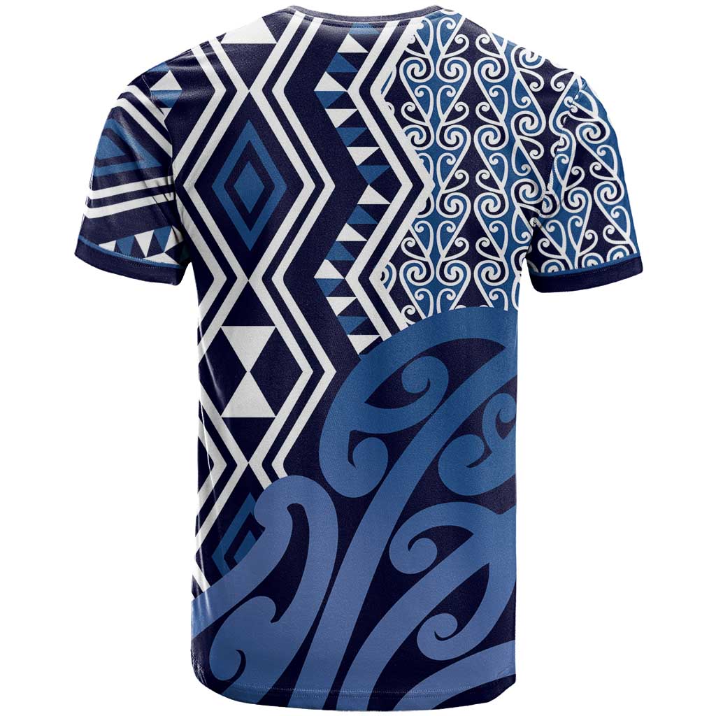 New Zealand T Shirt Aotearoa Kowhaiwhai Mix Taniko Art - Blue LT14 - Polynesian Pride