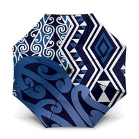 New Zealand Umbrella Aotearoa Kowhaiwhai Mix Taniko Art - Blue - Polynesian Pride