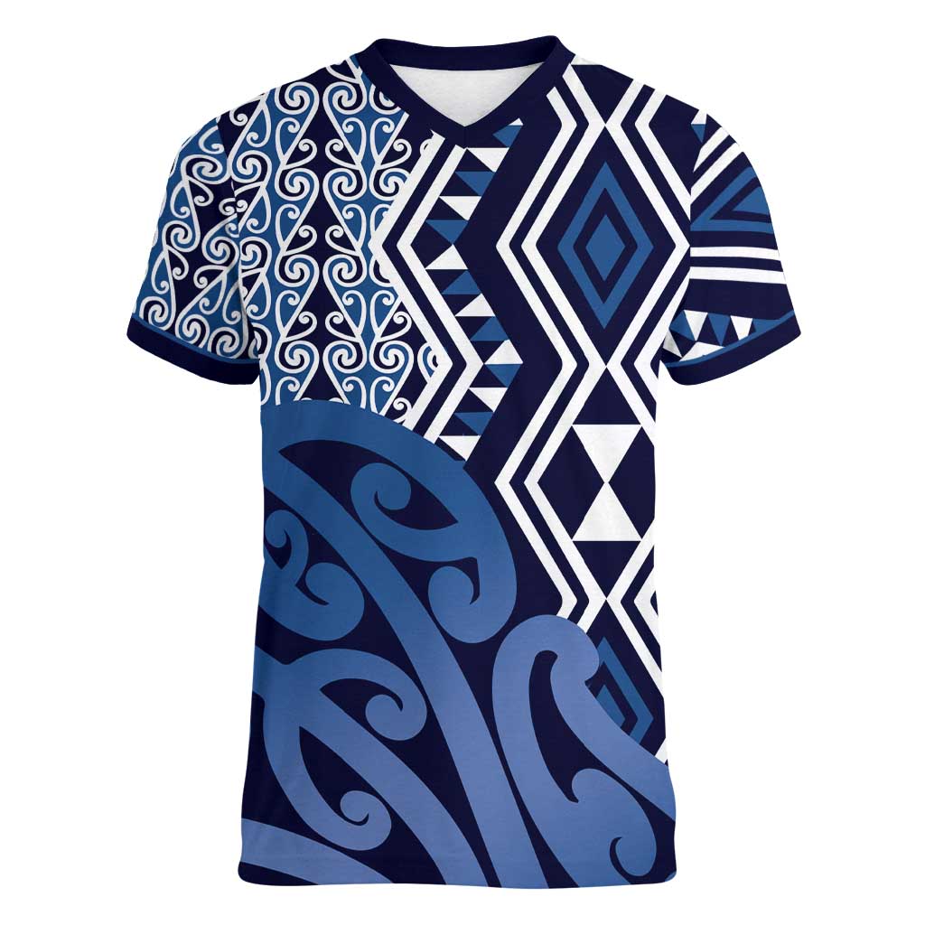 New Zealand Women V-Neck T-Shirt Aotearoa Kowhaiwhai Mix Taniko Art - Blue LT14 Female Blue - Polynesian Pride