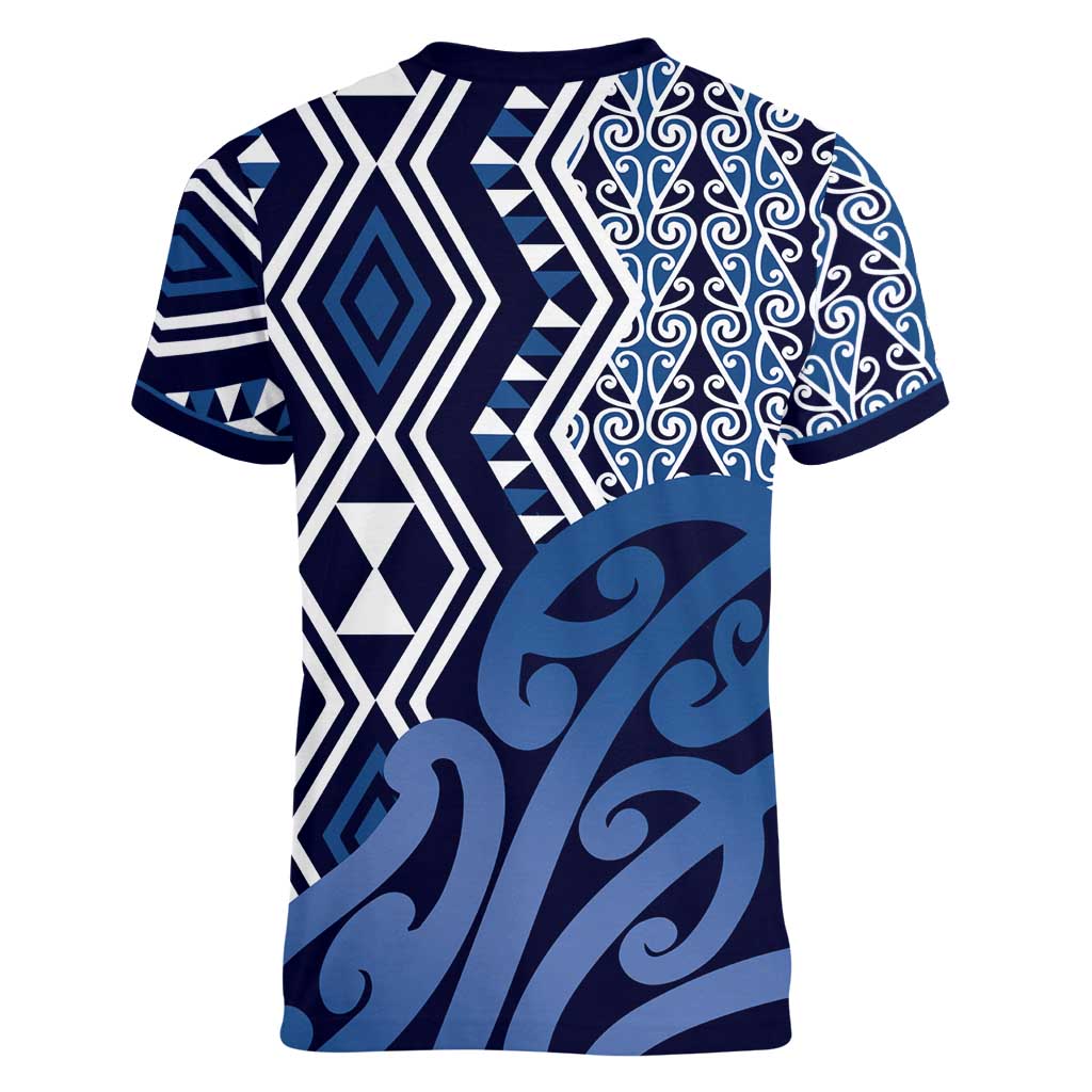 New Zealand Women V-Neck T-Shirt Aotearoa Kowhaiwhai Mix Taniko Art - Blue LT14 - Polynesian Pride