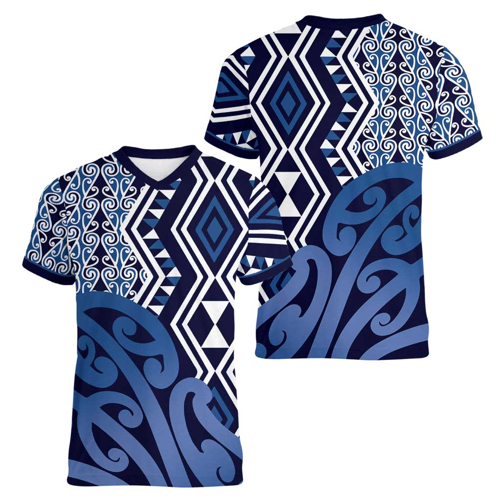 New Zealand Women V-Neck T-Shirt Aotearoa Kowhaiwhai Mix Taniko Art - Blue LT14 - Polynesian Pride