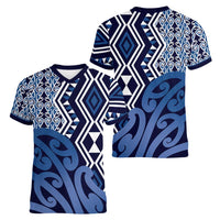New Zealand Women V-Neck T-Shirt Aotearoa Kowhaiwhai Mix Taniko Art - Blue LT14 - Polynesian Pride