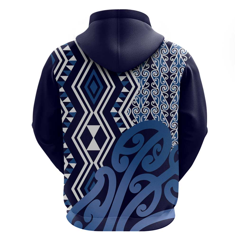 New Zealand Zip Hoodie Aotearoa Kowhaiwhai Mix Taniko Art - Blue
