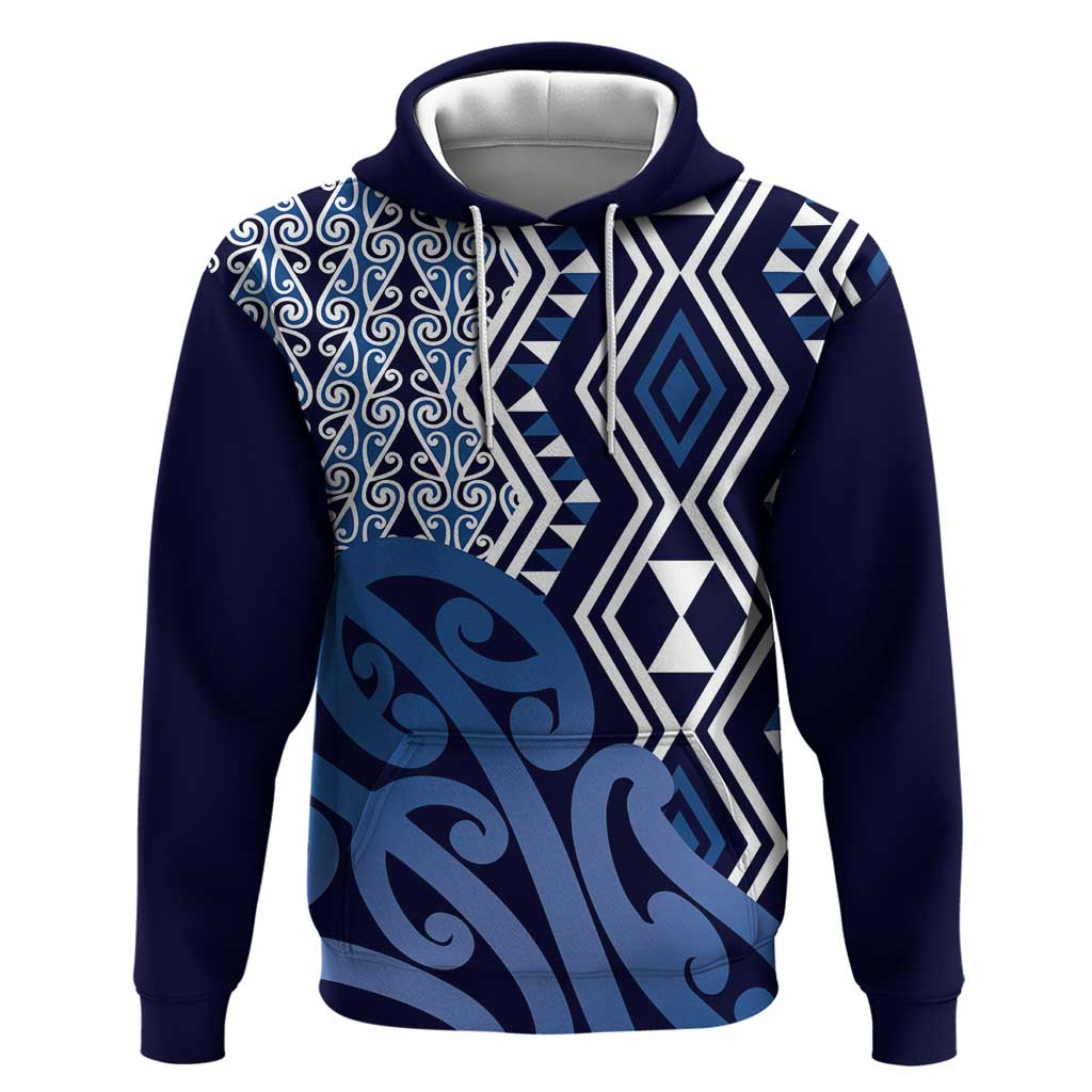 New Zealand Zip Hoodie Aotearoa Kowhaiwhai Mix Taniko Art - Blue