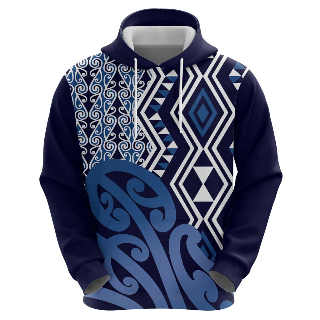 New Zealand Zip Hoodie Aotearoa Kowhaiwhai Mix Taniko Art - Blue