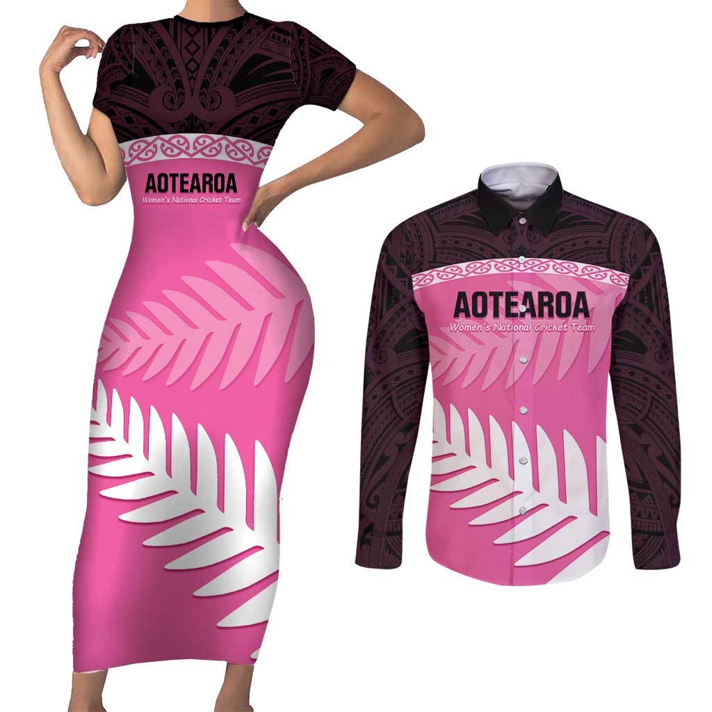 Custom New Zealand Aotearoa Cricket Couples Matching Short Sleeve Bodycon Dress and Long Sleeve Button Shirt Go White Silver Fern LT14 Pink - Polynesian Pride