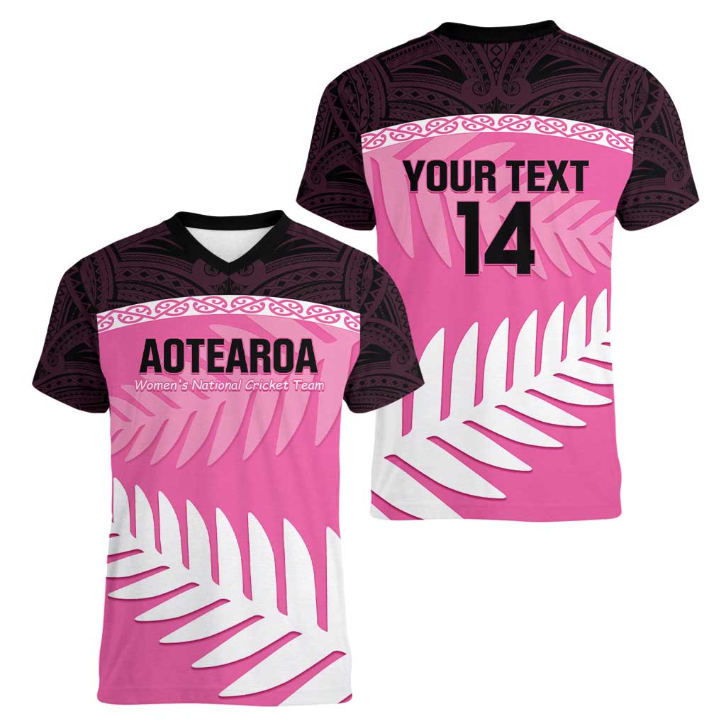 Custom New Zealand Aotearoa Cricket Women V-Neck T-Shirt Go White Silver Fern