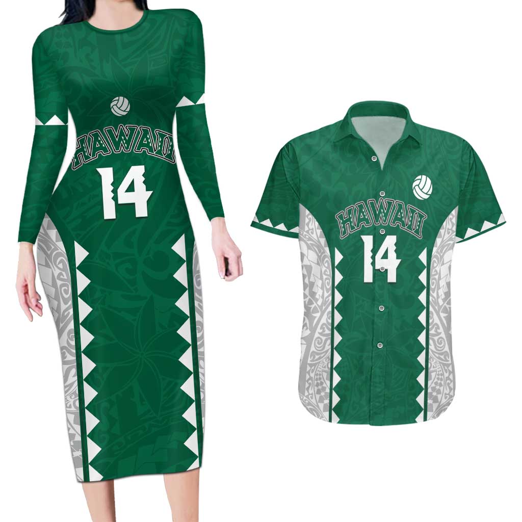 Custom Hawaii Volleyball Couples Matching Long Sleeve Bodycon Dress and Hawaiian Shirt Hawaiian Kakau Pattern