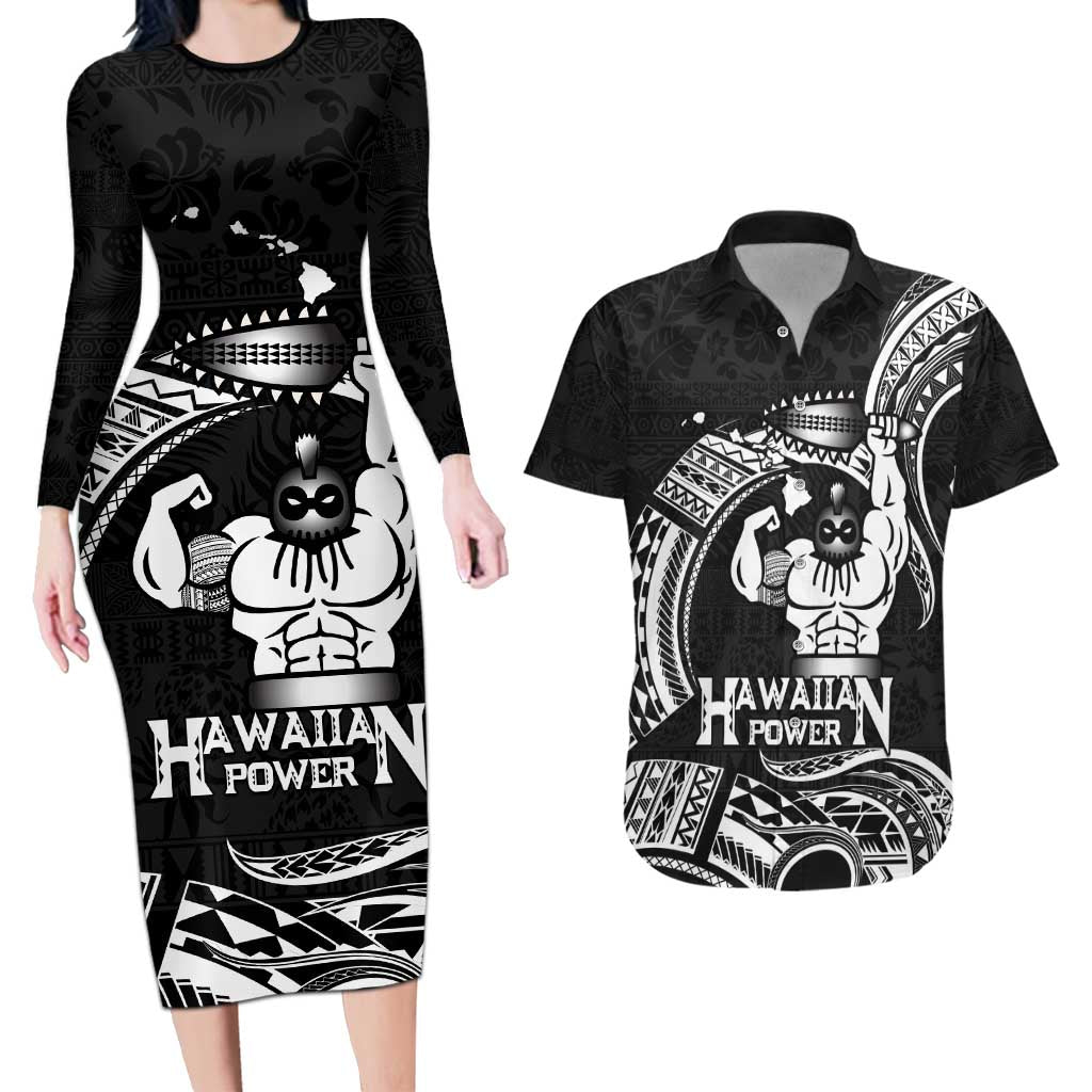 Black Hawaii Ikaika Warrior Couples Matching Long Sleeve Bodycon Dress and Hawaiian Shirt Hawaiian Power