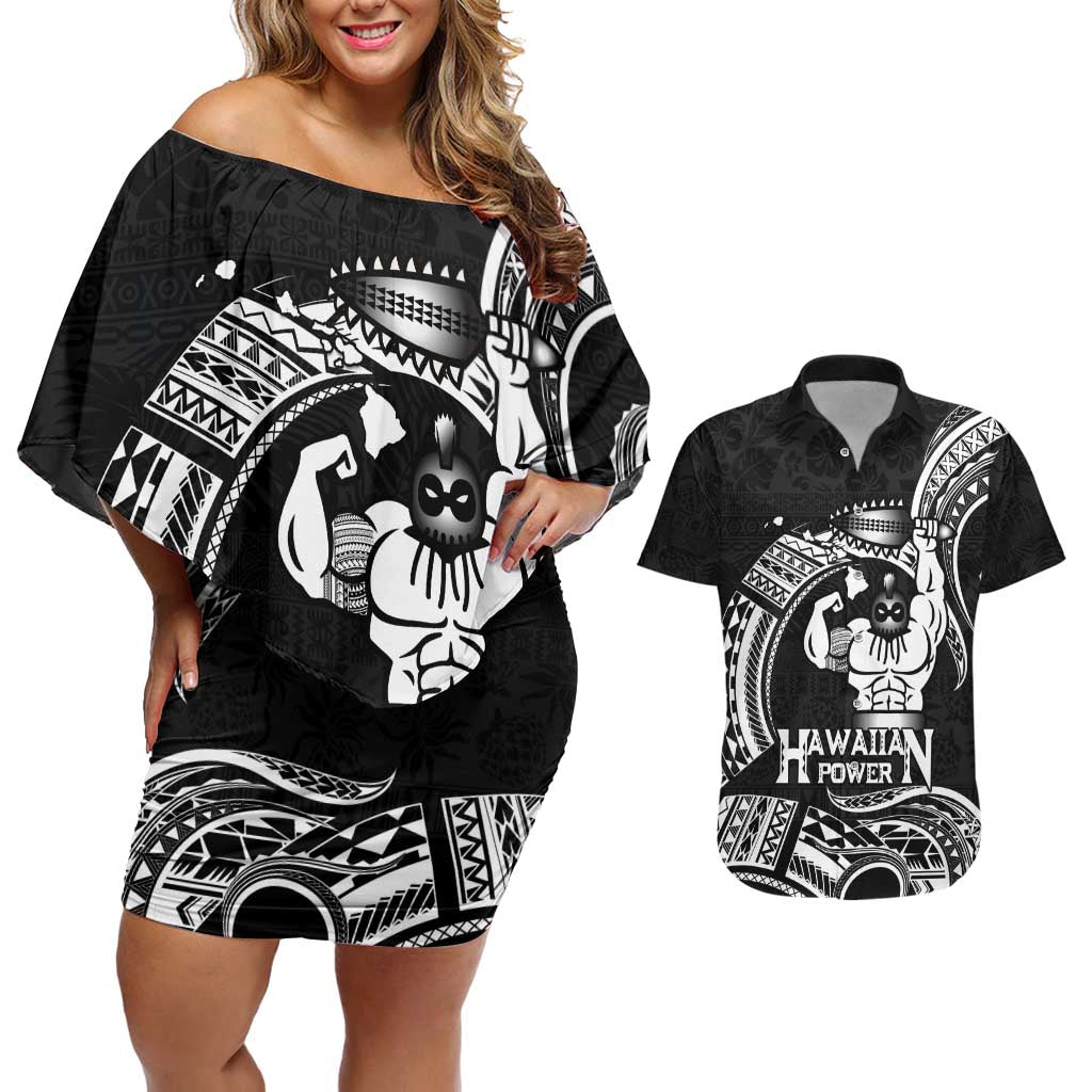 Black Hawaii Ikaika Warrior Couples Matching Off Shoulder Short Dress and Hawaiian Shirt Hawaiian Power