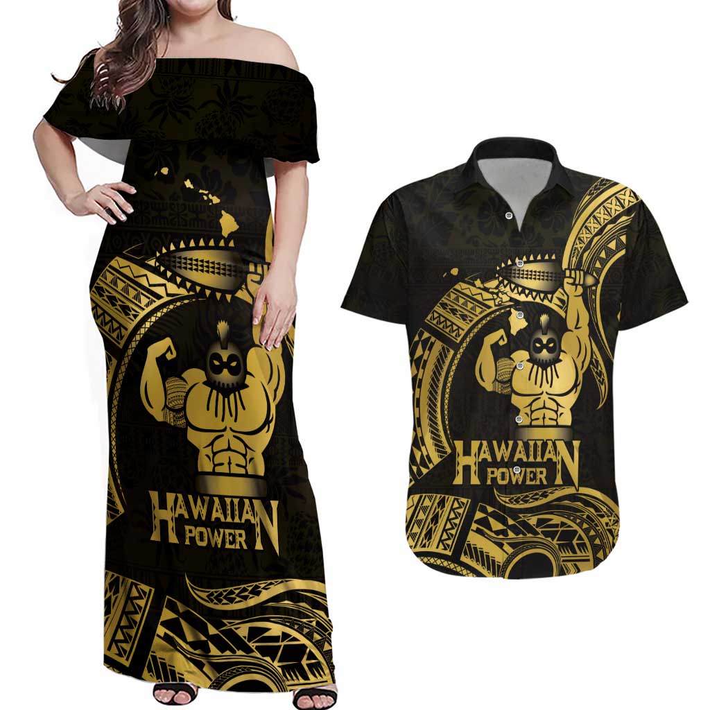Gold Hawaii Ikaika Warrior Couples Matching Off Shoulder Maxi Dress and Hawaiian Shirt Hawaiian Power