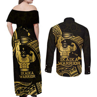 Gold Hawaii Ikaika Warrior Couples Matching Off Shoulder Maxi Dress and Long Sleeve Button Shirt Hawaiian Power