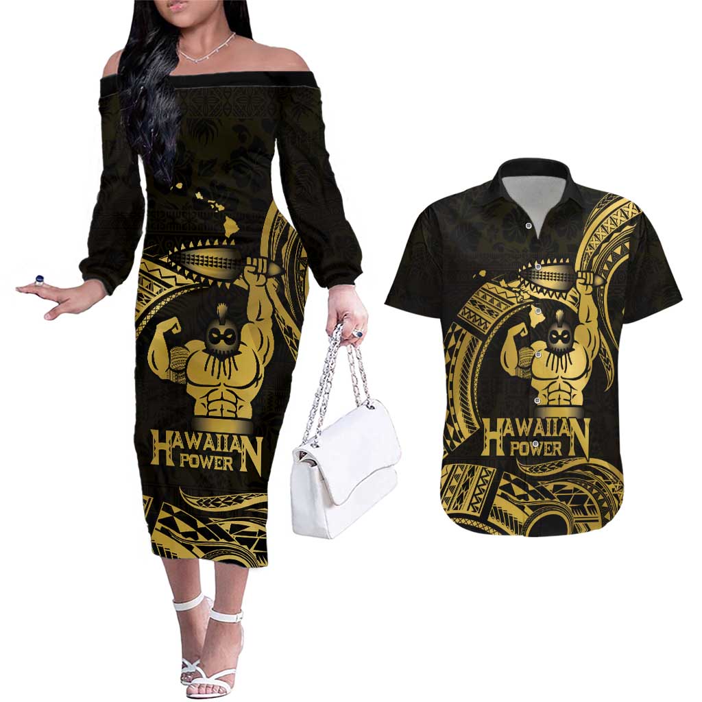 Gold Hawaii Ikaika Warrior Couples Matching Off The Shoulder Long Sleeve Dress and Hawaiian Shirt Hawaiian Power