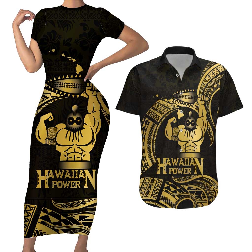 Gold Hawaii Ikaika Warrior Couples Matching Short Sleeve Bodycon Dress and Hawaiian Shirt Hawaiian Power
