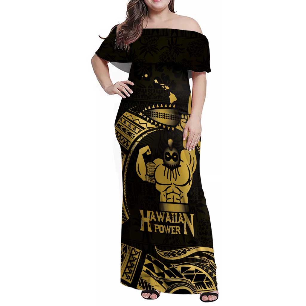 Gold Hawaii Ikaika Warrior Family Matching Off Shoulder Maxi Dress and Hawaiian Shirt Hawaiian Power