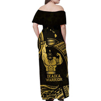 Gold Hawaii Ikaika Warrior Family Matching Off Shoulder Maxi Dress and Hawaiian Shirt Hawaiian Power