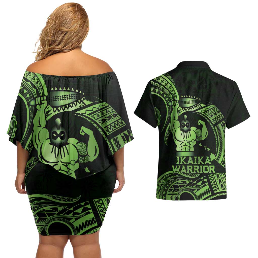 Green Hawaii Ikaika Warrior Couples Matching Off Shoulder Short Dress and Hawaiian Shirt Hawaiian Power