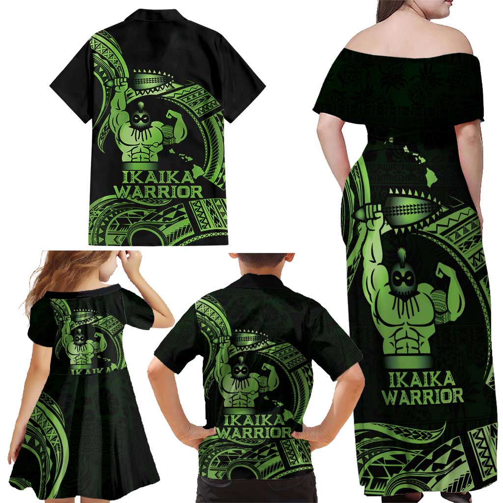Green Hawaii Ikaika Warrior Family Matching Off Shoulder Maxi Dress and Hawaiian Shirt Hawaiian Power