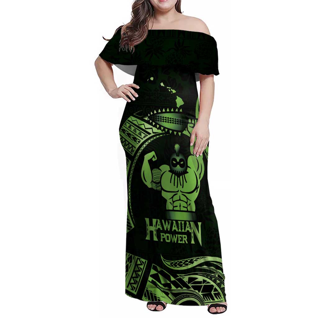 Green Hawaii Ikaika Warrior Family Matching Off Shoulder Maxi Dress and Hawaiian Shirt Hawaiian Power