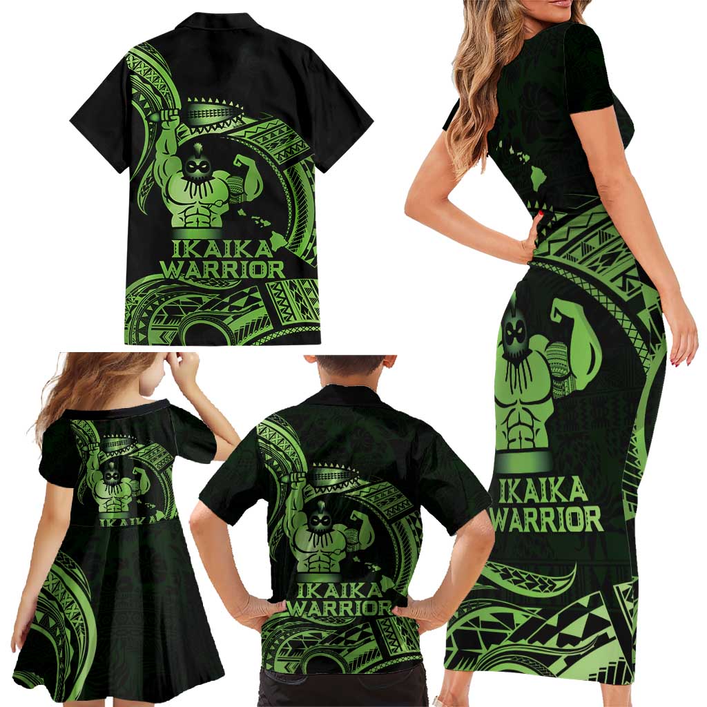 Green Hawaii Ikaika Warrior Family Matching Short Sleeve Bodycon Dress and Hawaiian Shirt Hawaiian Power